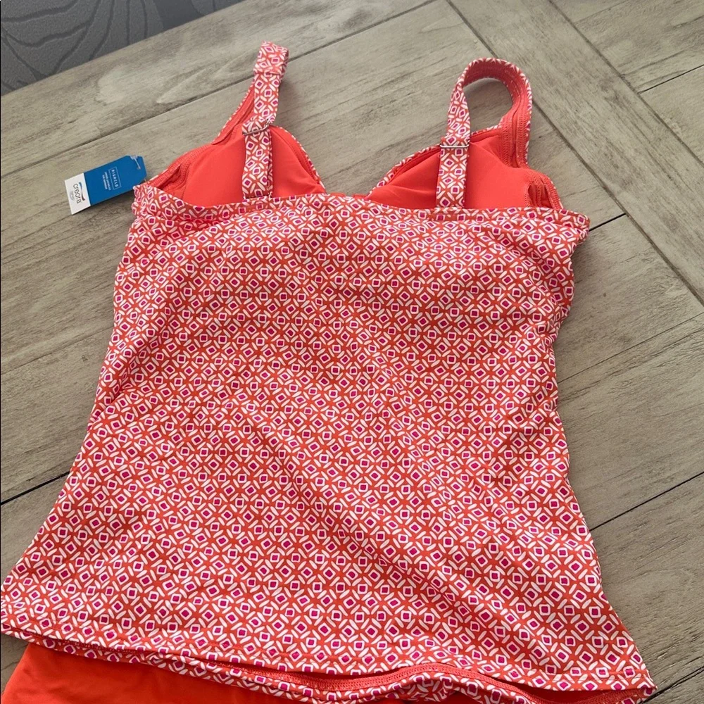 Lands' End Women's Striped Square Neck Tankini Top Orange/White/Coral Pink 6D/8